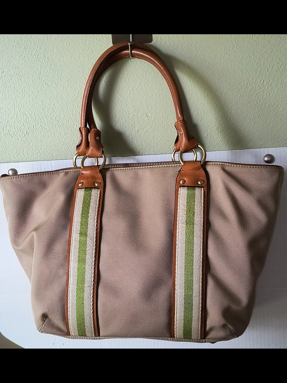Michael Kors Beige Canvas Tote with Green Stripe and Brown Leather Trim